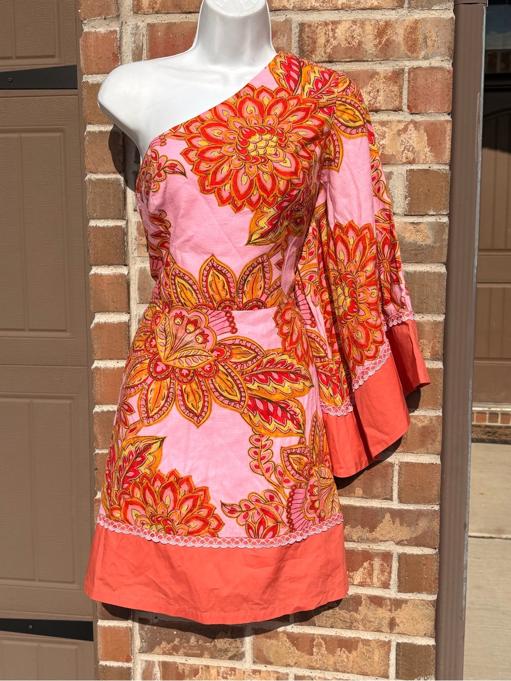 Adrianna Papell Pink One-Shoulder Floral Mini Dress with Coral Trim size 8 - Picture 4 of 11